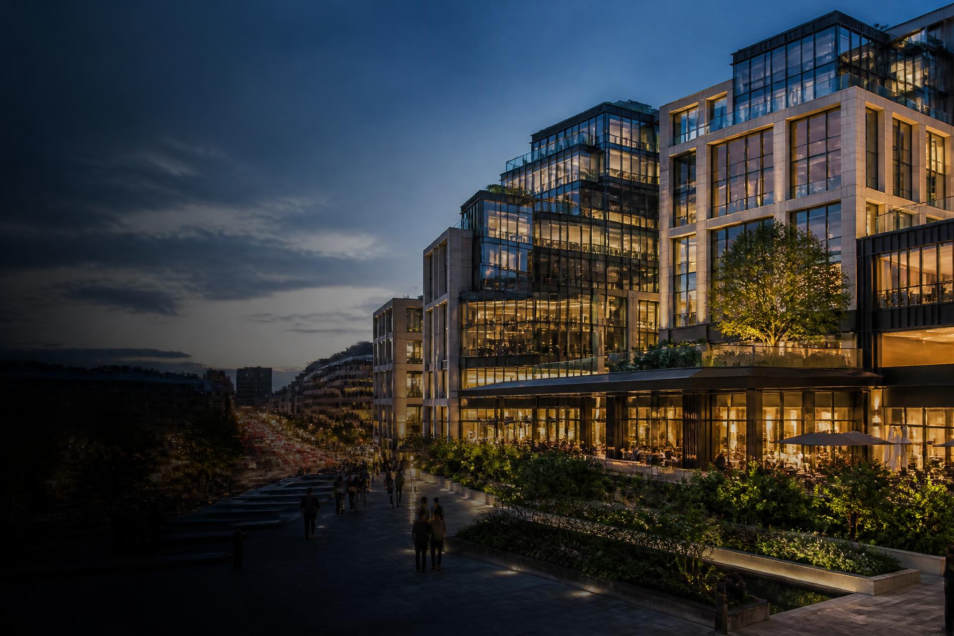 Contemporary mixed-use urban district illuminated at blue hour